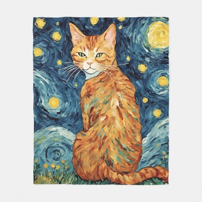 Ginger Tabby Cat in the Starry Night Fleece Blanket (Front)