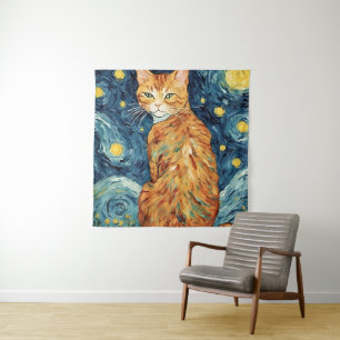 Ginger Tabby Cat in the Starry Night Tapestry