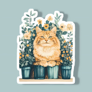Ginger Tabby Cat Surrounded by Blooming Flowers