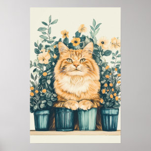 Ginger Tabby Cat Surrounded by Blooming Flowers Poster