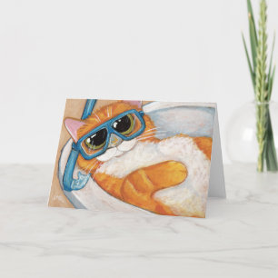 Ginger Tabby Cat with Snorkel in Sink  - Cat Art Card