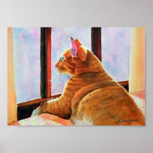 Ginger Tabby on Floral Tablecloth Poster