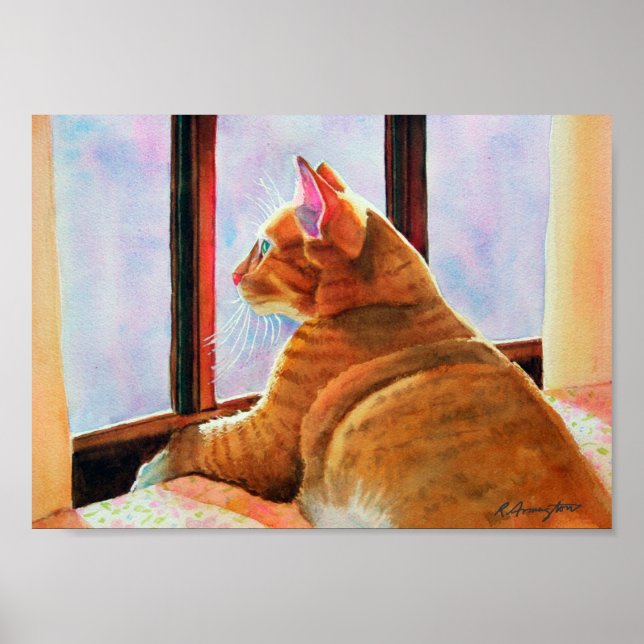 Ginger Tabby on Floral Tablecloth Poster (Front)