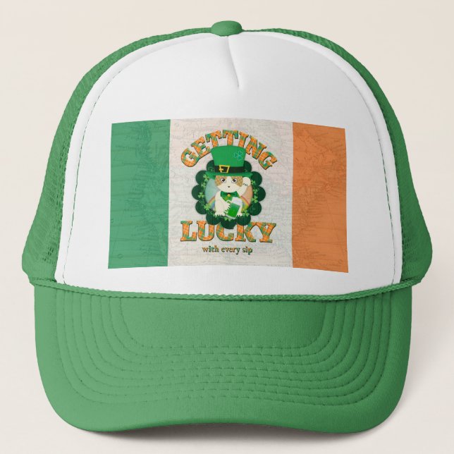 Ginger tabby with green beer trucker hat (Front)