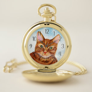 Ginger Tom Cat Watercolor Painting Pocket Watch