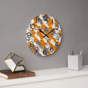 Ginger white black cat diagonal pattern large clock