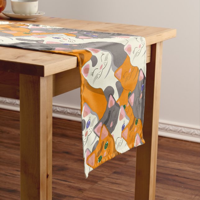 Ginger white black cat diagonal pattern short table runner (In Situ)