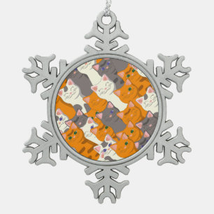 Ginger white black cat diagonal pattern snowflake pewter christmas ornament