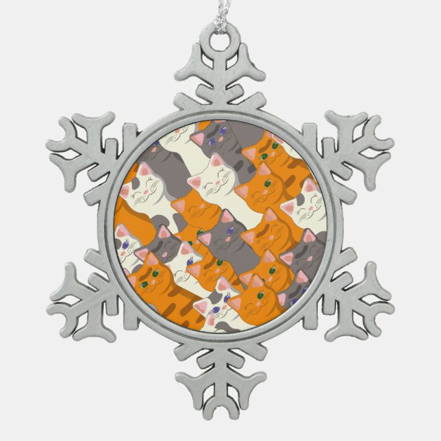 Ginger white black cat diagonal pattern snowflake pewter christmas ornament (Front)