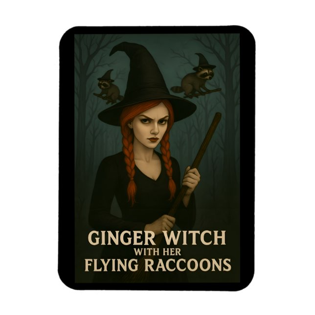 Ginger Witch With Her Flying Raccoons Magnet (Vertical)