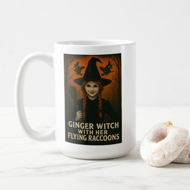 Ginger Witch With Her Flying Raccoons V2 Coffee Mug (With Donut)