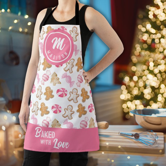 Gingerbread and Candy Cane Pink Pattern Monogram  Apron (Creator Uploaded)