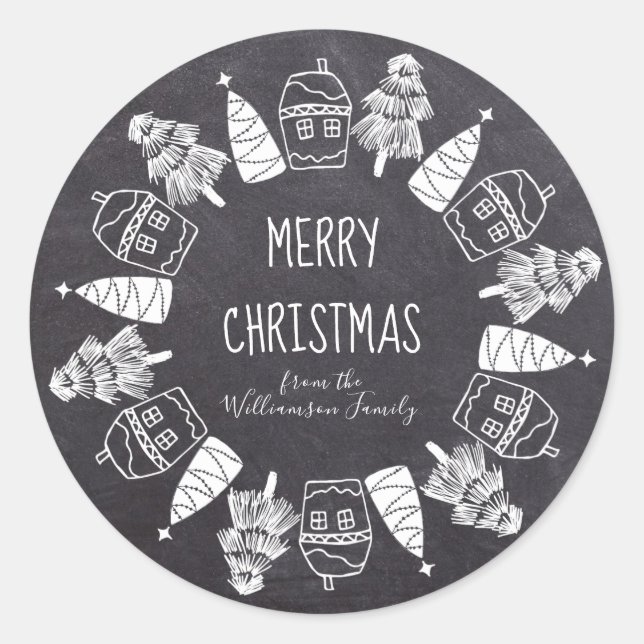 Gingerbread and Christmas Tree Chalkboard Classic Round Sticker (Front)