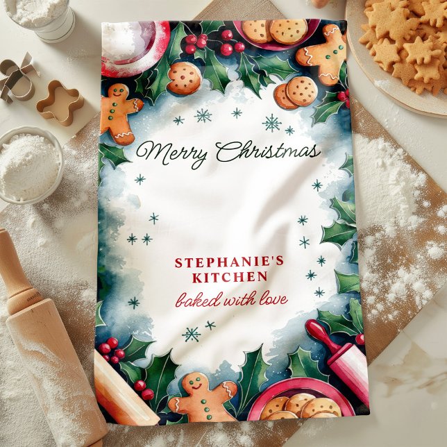 Gingerbread and Holly Merry Christmas Personalised Tea Towel (Creator Uploaded)