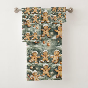 Gingerbread and Ornament Christmas Pattern Bath Towel Set