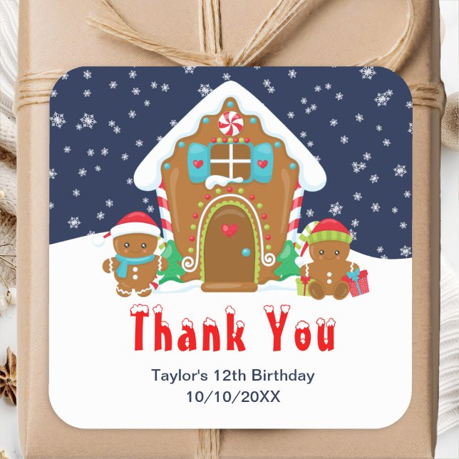 Gingerbread Birthday Party Navy and Red Thank You Square Sticker (Creator Uploaded)