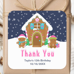 Gingerbread Birthday Party Navy Pink Thank You Square Sticker