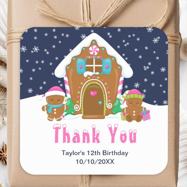 Gingerbread Birthday Party Navy Pink Thank You Square Sticker (Creator Uploaded)