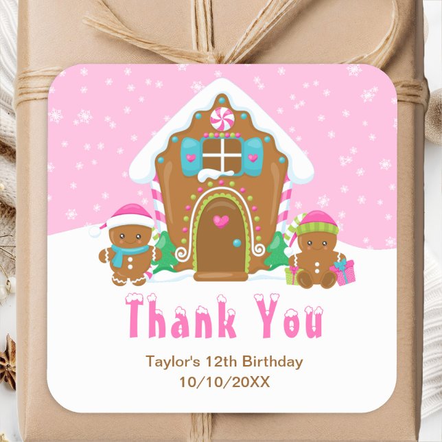 Gingerbread Birthday Party Pink Thank You Square Sticker (Creator Uploaded)