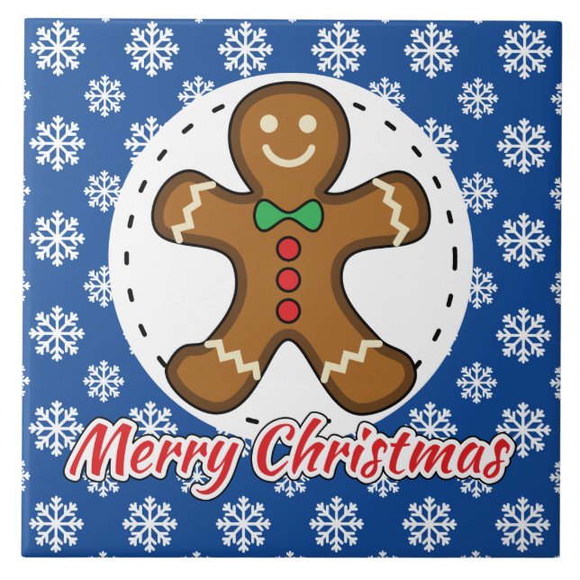 Gingerbread - Blue Snowflakes Pattern - Merry Xmas Ceramic Tile (Front)