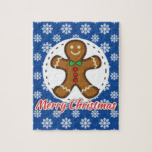 Gingerbread - Blue Snowflakes Pattern - Merry Xmas Jigsaw Puzzle