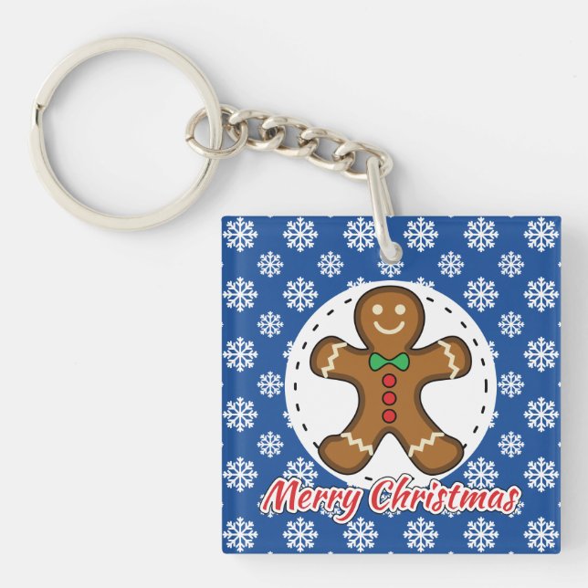 Gingerbread - Blue Snowflakes Pattern - Merry Xmas Key Ring (Front)
