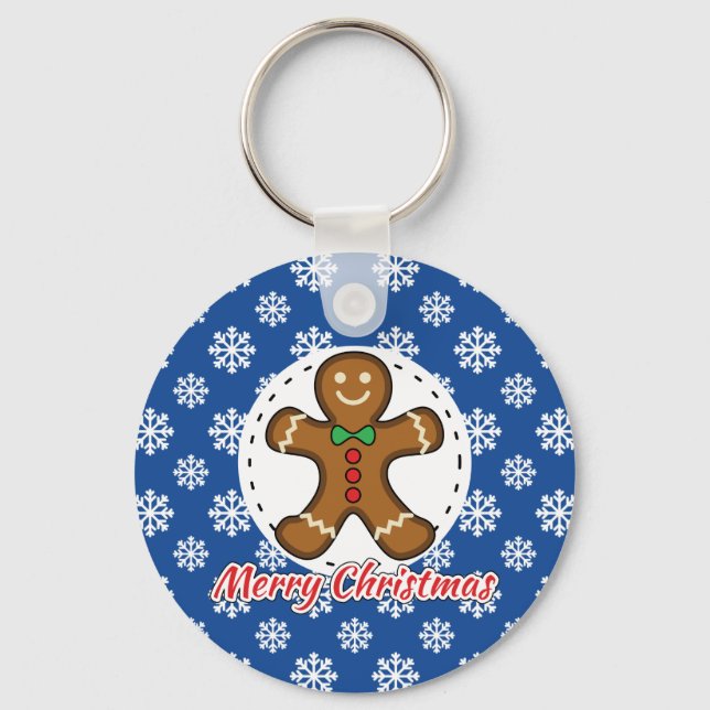 Gingerbread - Blue Snowflakes Pattern - Merry Xmas Key Ring (Front)