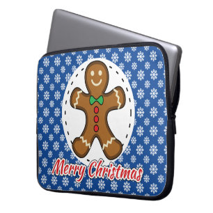 Gingerbread - Blue Snowflakes Pattern - Merry Xmas Laptop Sleeve