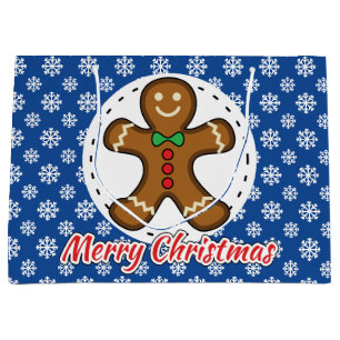Gingerbread - Blue Snowflakes Pattern - Merry Xmas Large Gift Bag