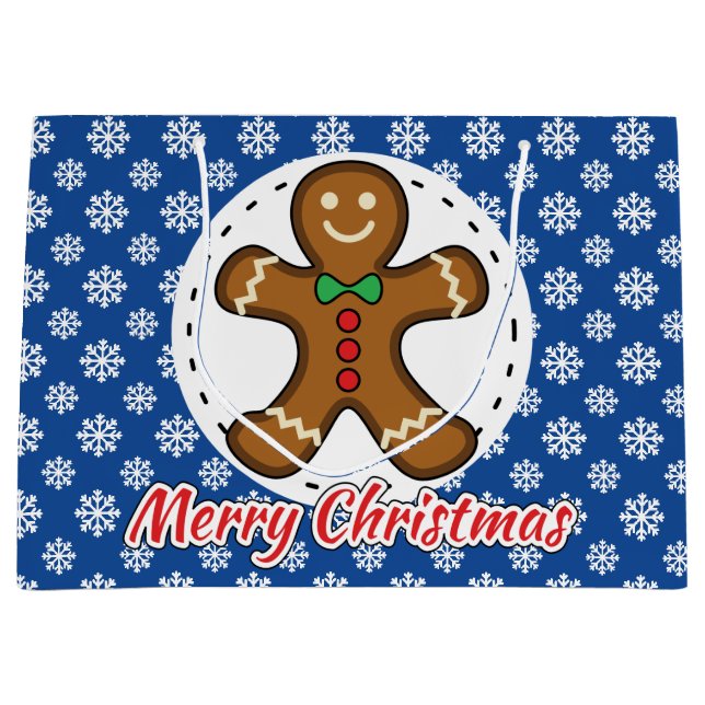 Gingerbread - Blue Snowflakes Pattern - Merry Xmas Large Gift Bag (Front)