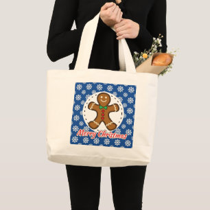 Gingerbread - Blue Snowflakes Pattern - Merry Xmas Large Tote Bag