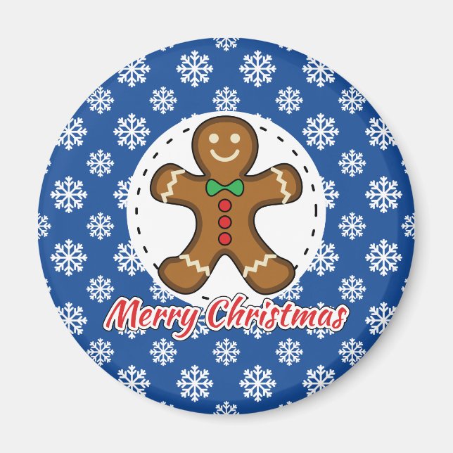 Gingerbread - Blue Snowflakes Pattern - Merry Xmas Magnet (Front)