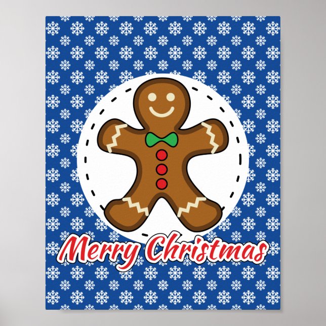 Gingerbread - Blue Snowflakes Pattern - Merry Xmas Poster (Front)