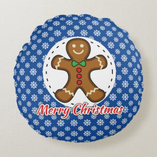 Gingerbread - Blue Snowflakes Pattern - Merry Xmas Round Cushion