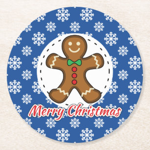 Gingerbread - Blue Snowflakes Pattern - Merry Xmas Round Paper Coaster