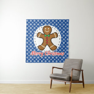 Gingerbread - Blue Snowflakes Pattern - Merry Xmas Tapestry