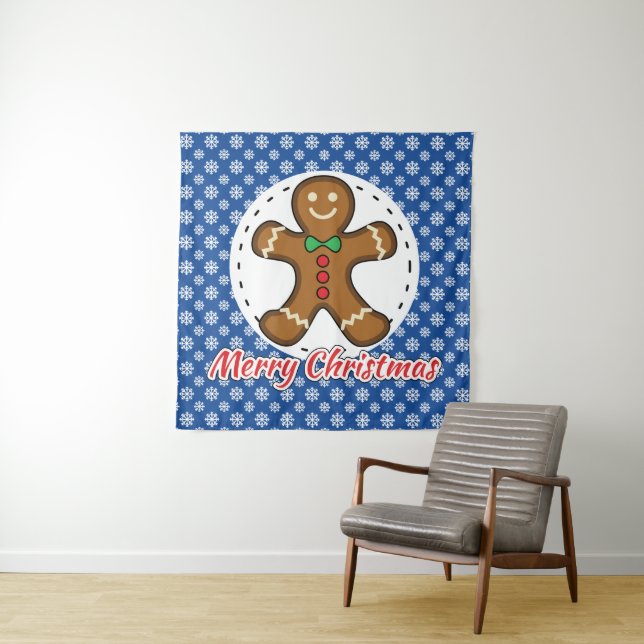 Gingerbread - Blue Snowflakes Pattern - Merry Xmas Tapestry (In Situ)