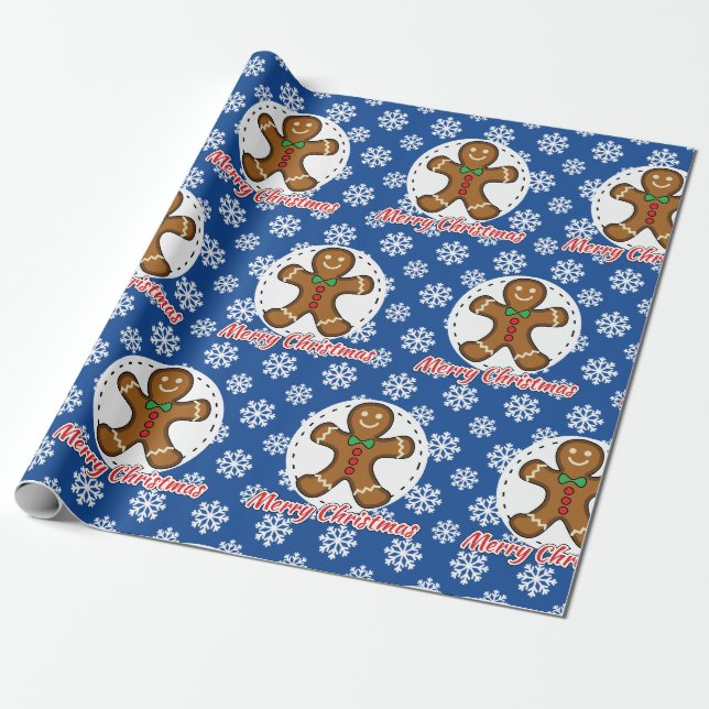 Gingerbread - Blue Snowflakes Pattern - Merry Xmas Wrapping Paper (Unrolled)