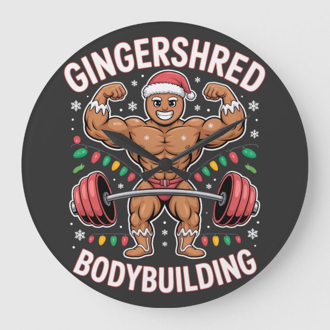 Gingerbread Bodybuilding Christmas Gym  Large Clock (Front)