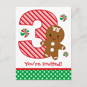 Gingerbread Boy 3rd Birthday Invitation Postcard