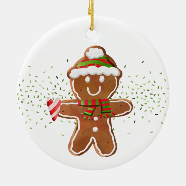 Gingerbread Boy Candy Cane Heart NAME Holliday Ceramic Ornament (Back)