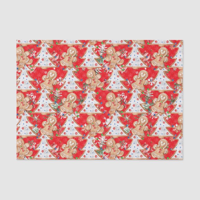 Gingerbread boy, girl Christmas tree on red Tissue Paper (Front)