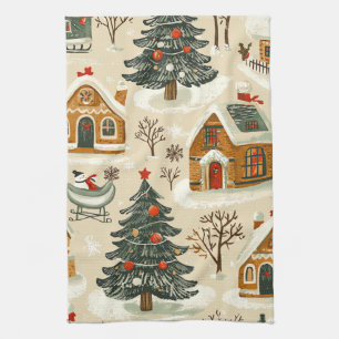 Gingerbread Brown Christmas Village Beige Tea Towel