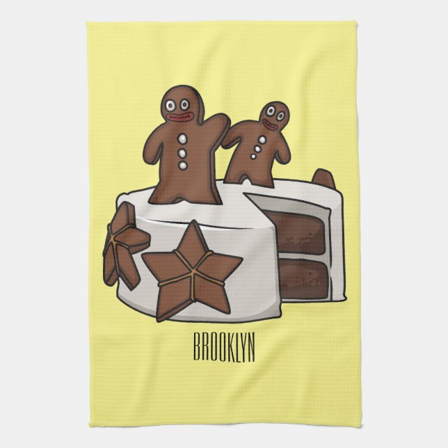 Gingerbread cake cartoon illustration tea towel (Vertical)