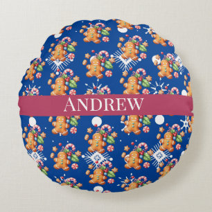 Gingerbread Candy Cane Christmas Red Blue Round Cushion