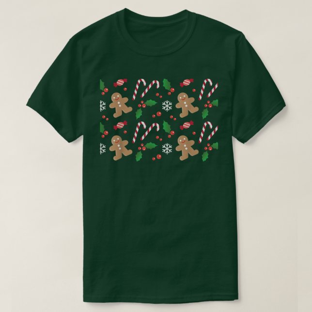 Gingerbread Candy Cane SnowFlake Pattern Christmas T-Shirt (Design Front)