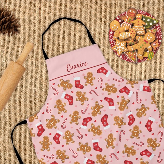 Gingerbread Candy Cane Stockings Pink Christmas Apron (gingerbread, candycane and stockings - cute pink christmas apron)