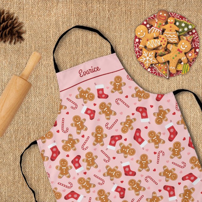 Gingerbread Candy Cane Stockings Pink Christmas Apron (gingerbread candycane stockings hearts cute pink christmas apron)