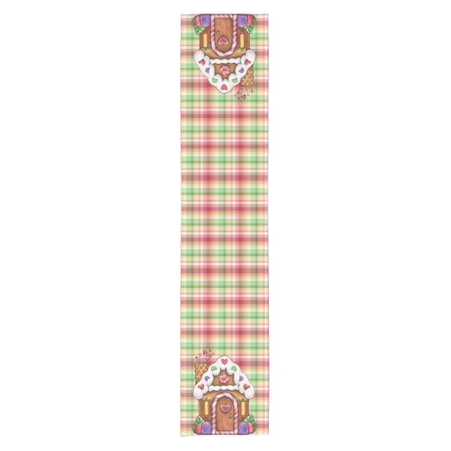 Gingerbread Candy House Plaid Table Runner (Front)