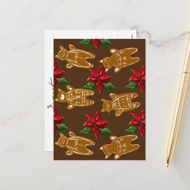 Gingerbread Cats on Dark Chocolate - Hand Drawn Holiday Postcard (Front/Back In Situ)